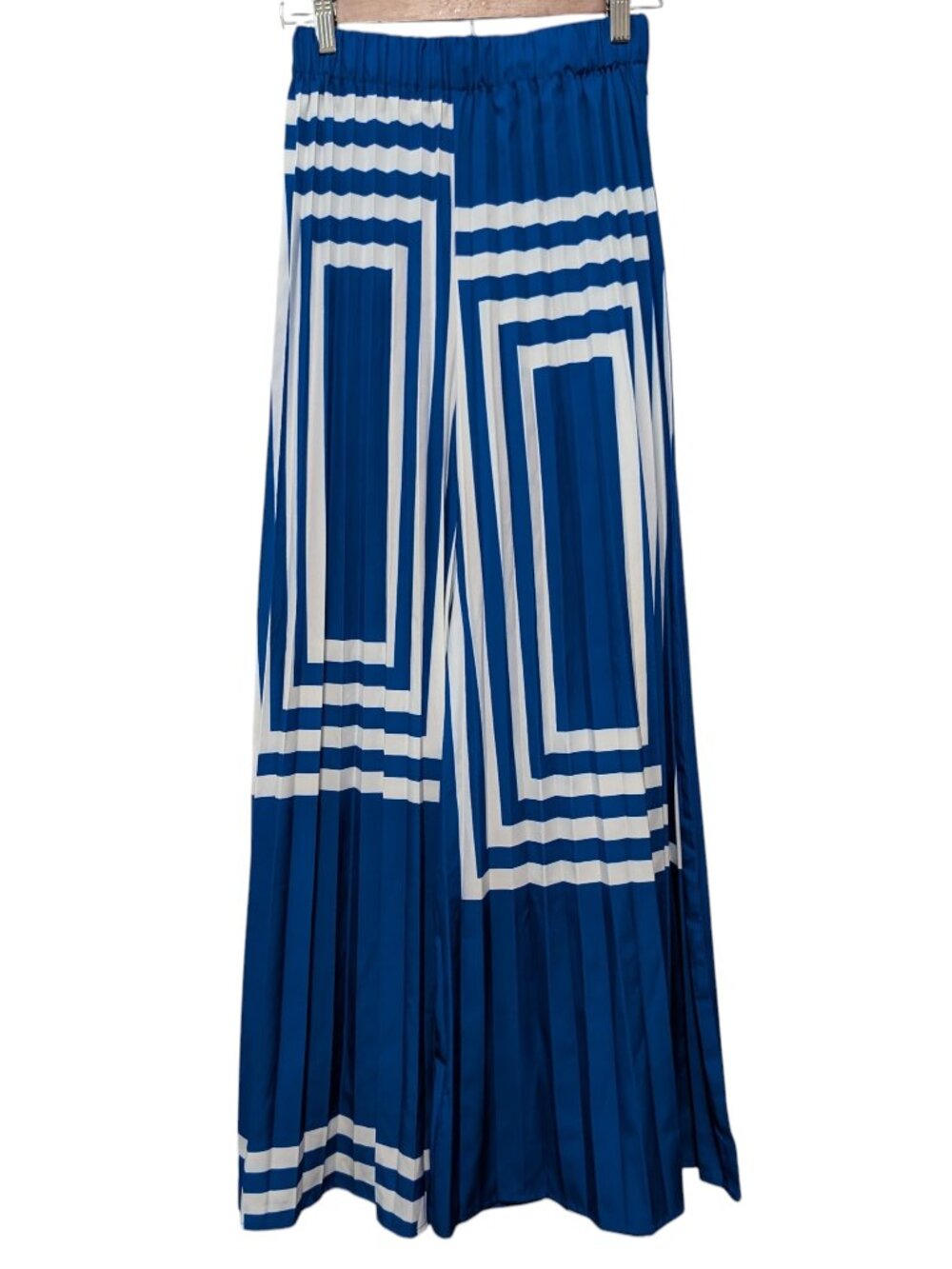 Commense Womens Size S Blue White Geometric Print Accordion Pleat Wide Leg Pants
